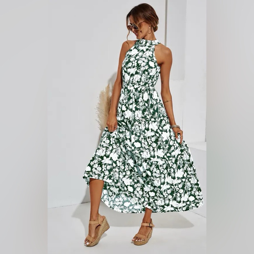 Halter Neck Maxi Layer Dress In Green & White Flora Print